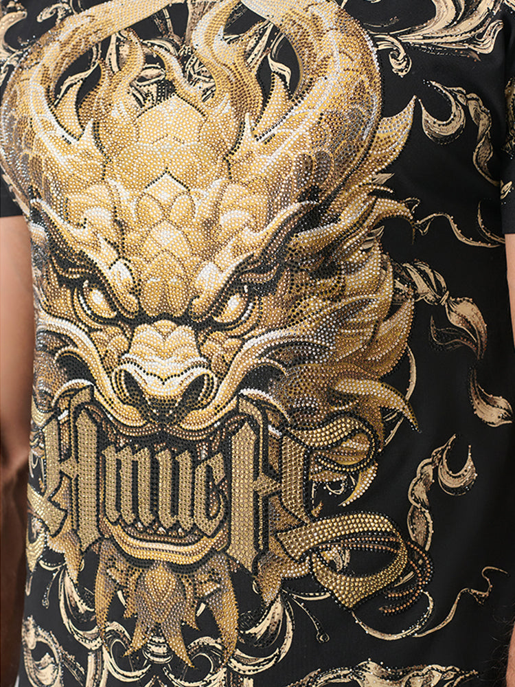 TCH Luxury Gold Rhinestone Dragon Graphic Top