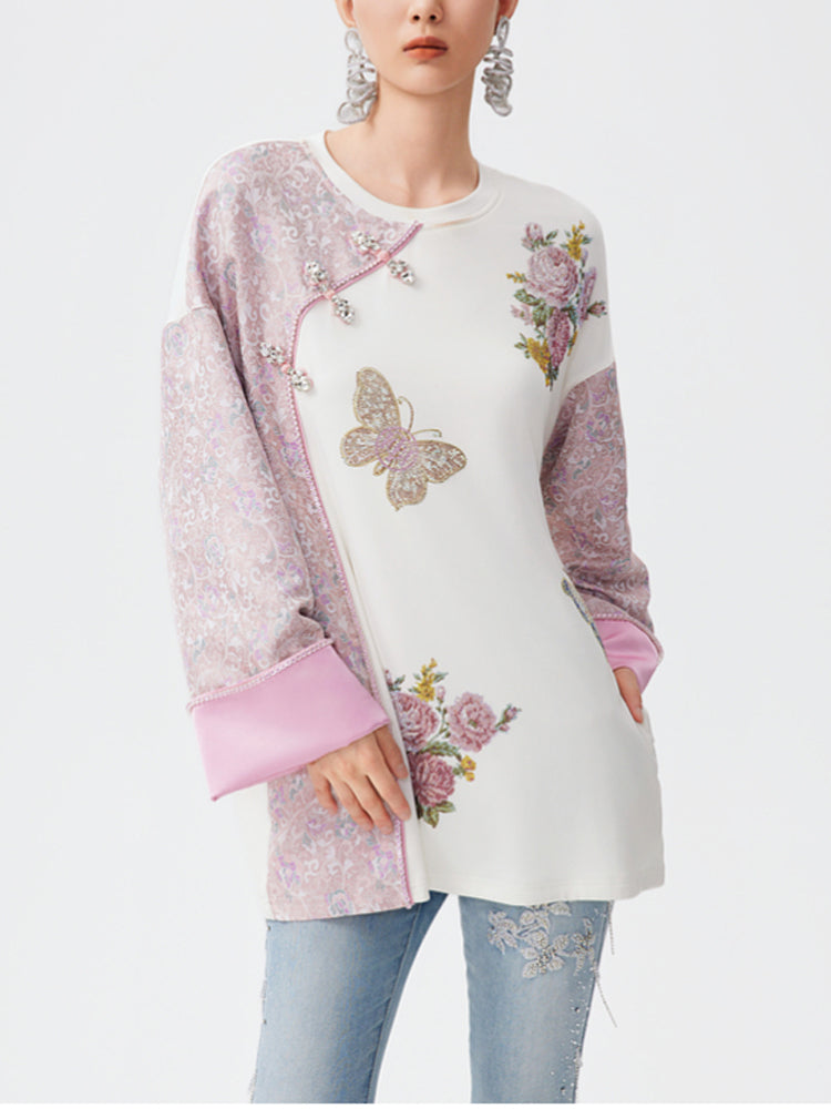 TCH Rhinestone Floral Embroidery Patchwork Satin Blouse