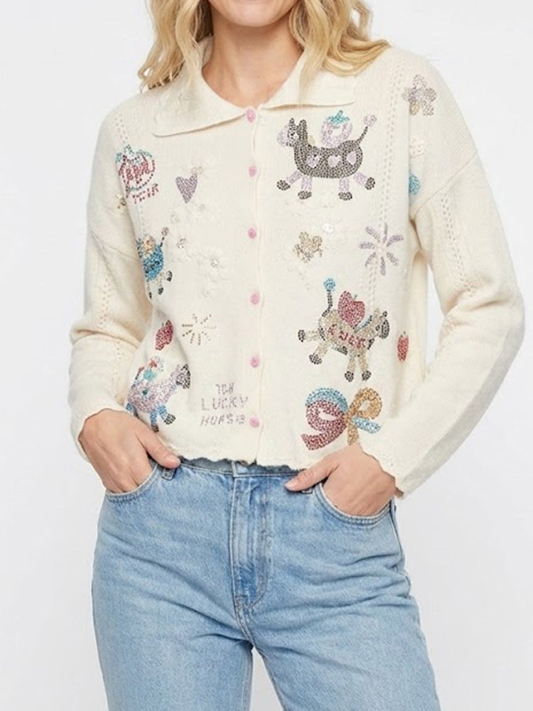 TCH Crystal Lucky Horse Embellished Knit Cardigan