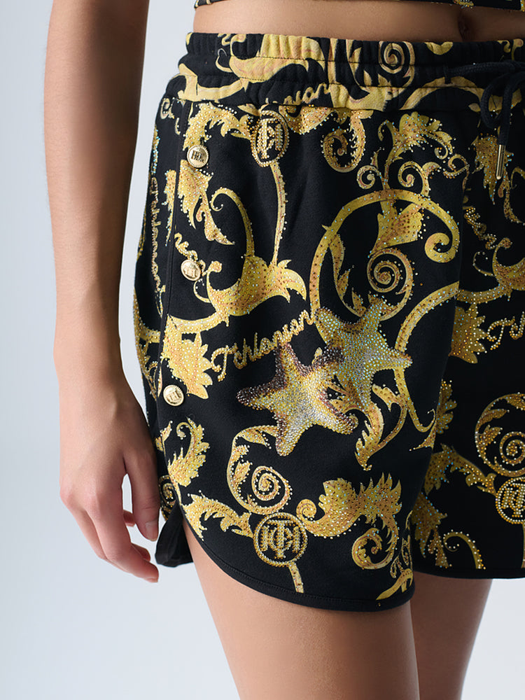 TCH Rhinestone Baroque Print High Waisted Shorts