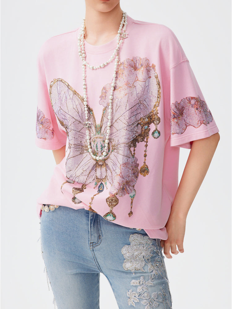 TCH Luxury Rhinestone Butterfly Shiny T-Shirt in Pink