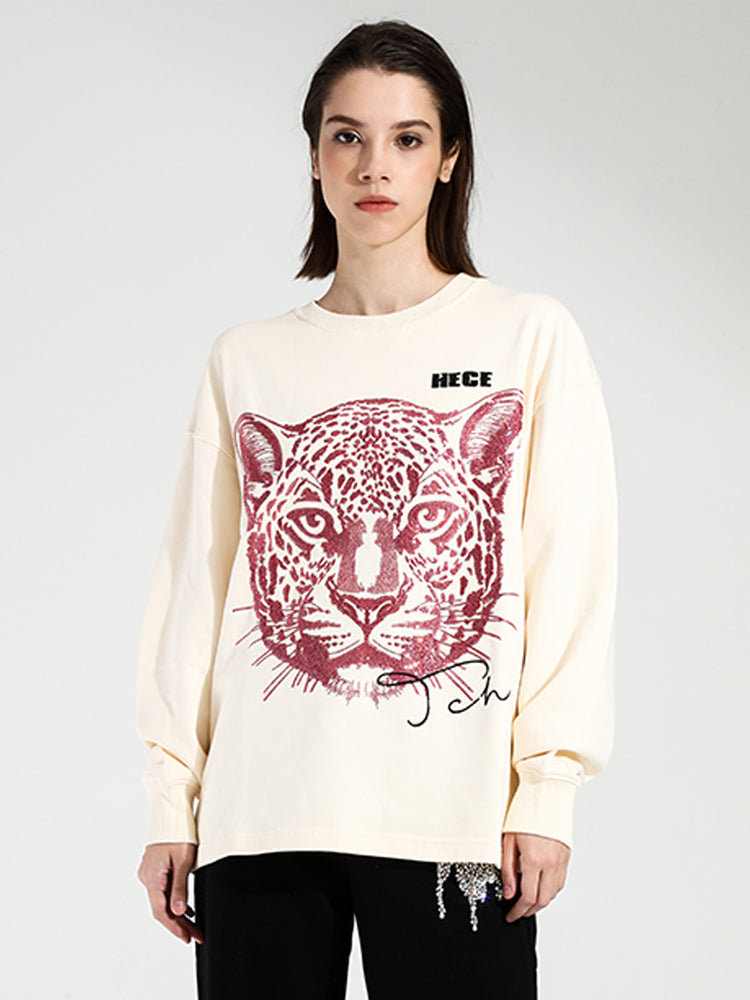 TCH Embroidered Leopard Head Rhinestone Crewneck Top