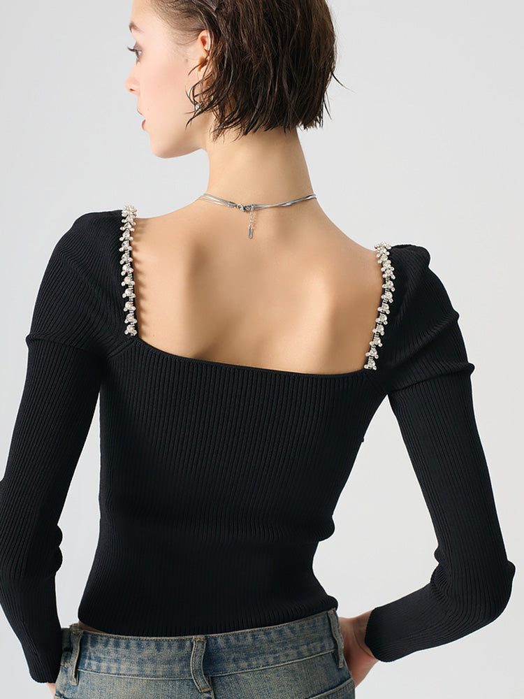TCH Sweetheart Neck Rhinestone Knitted Sexy Top