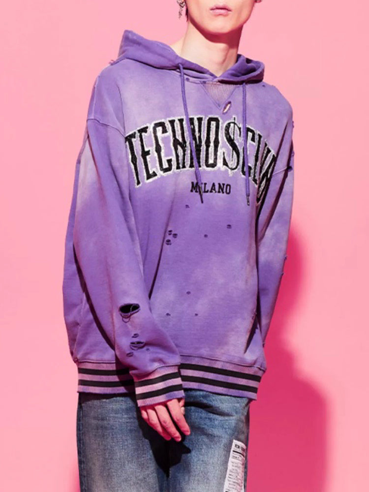 TCH Rhinestone Letter Print Destroyed Hoodie