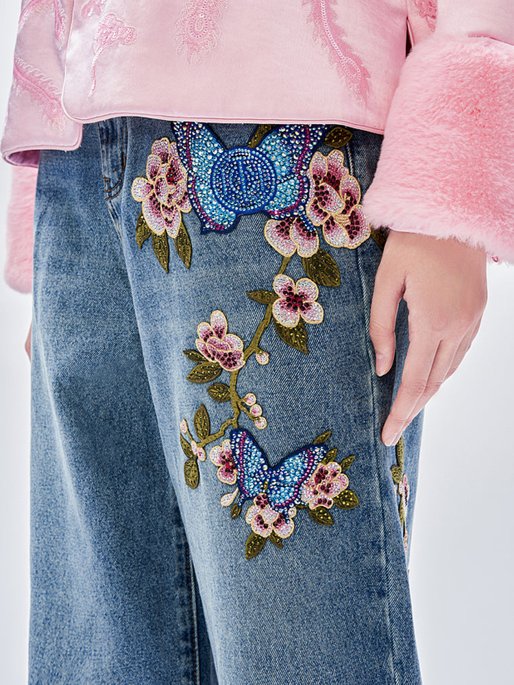TCH Crystal Embroidered Floral Wide Leg Jeans