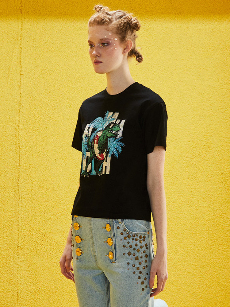 TCH Rhinestone Dinosaur Beach Cropped Tee Top
