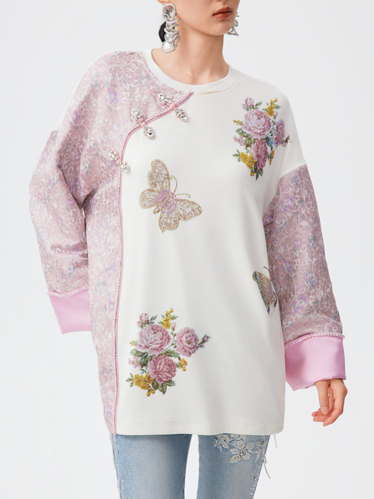 TCH Rhinestone Floral Embroidery Patchwork Satin Blouse