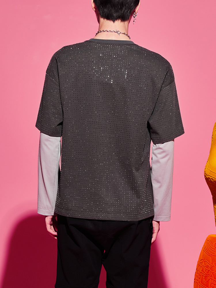 TCH Rhinestone Layered Printed Cotton T-shirt
