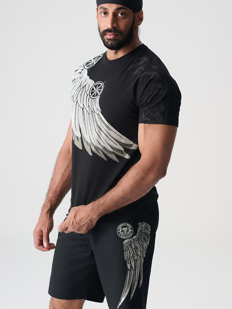 TCH Rhinestone Angel Wings Black Jogging Shorts