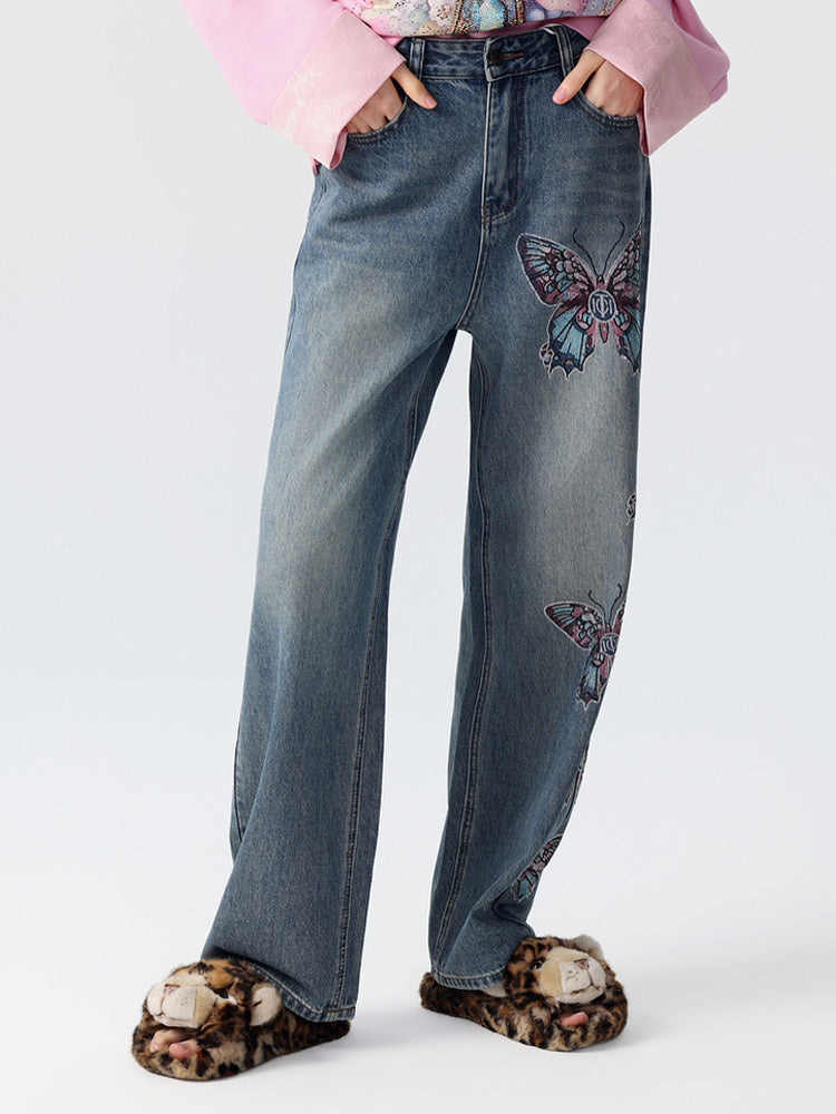 TCH Crystal Embroidered Butterfly Wide Leg Jeans