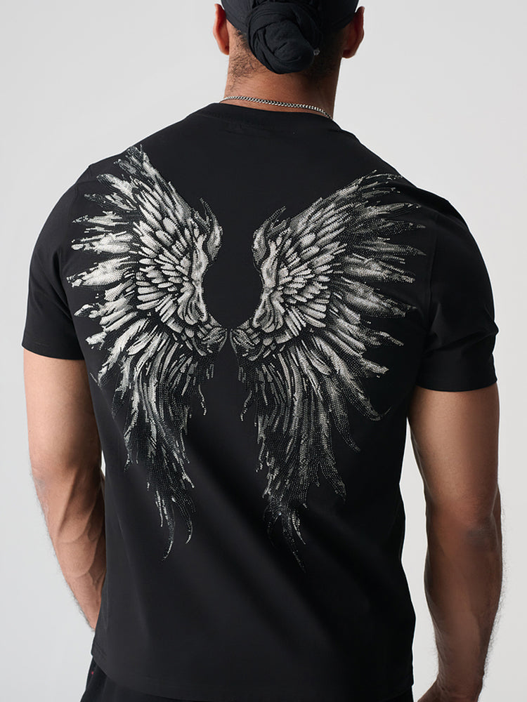 TCH Unisex Graphic Rhinestone Black Tee with Wings Design