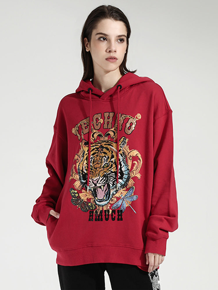 TCH Red Embroidered Rhinestone Tiger Head Hoodie