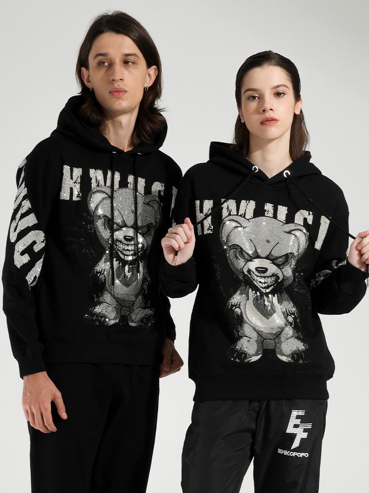 TCH Angry Bear Graphic Rhinestone Letter Hoodie