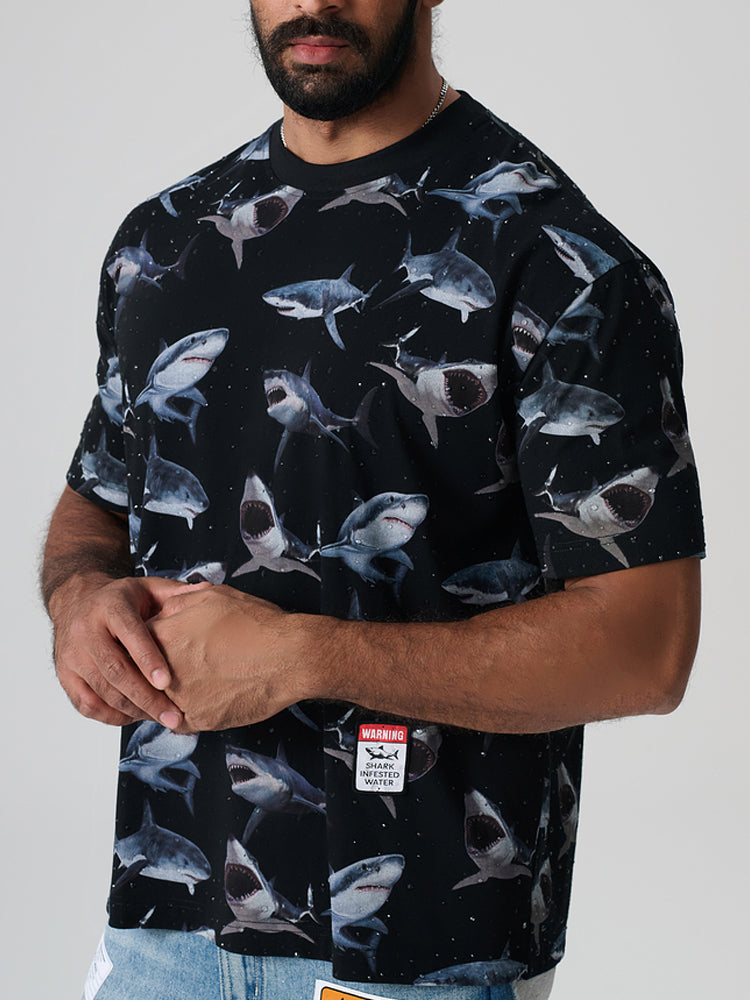 TCH Beach Rhinestone Shark Hawaiian T-Shirt