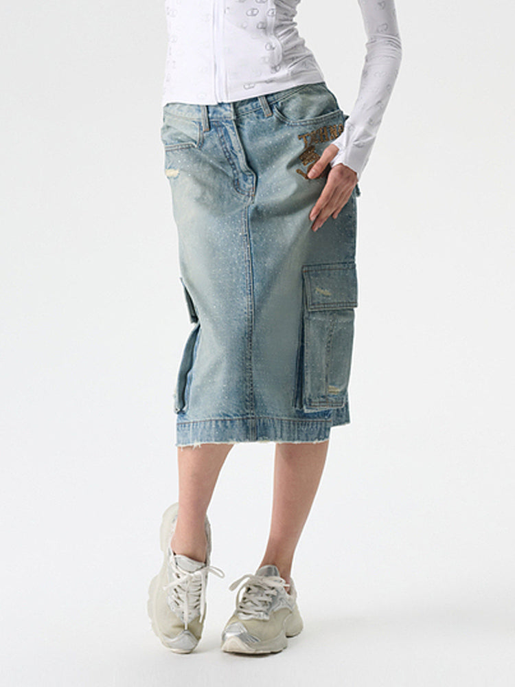 TCH Rhinestone Letter Print High Waist Denim Skirt with Pockets