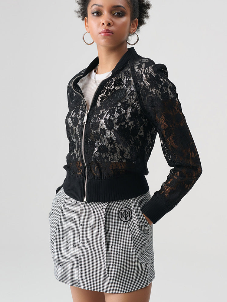 TCH Rhinestone Logo Tailored Check Pleated Mini Skirt