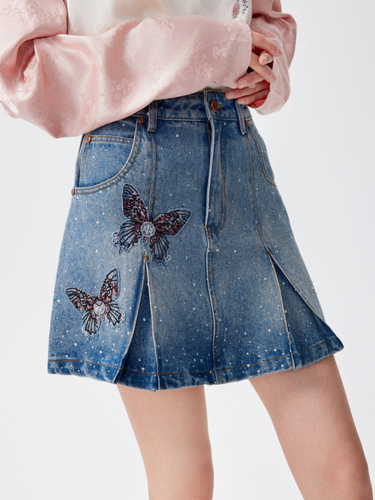 TCH Ruched Rhinestone Butterfly Denim Mini Skirt
