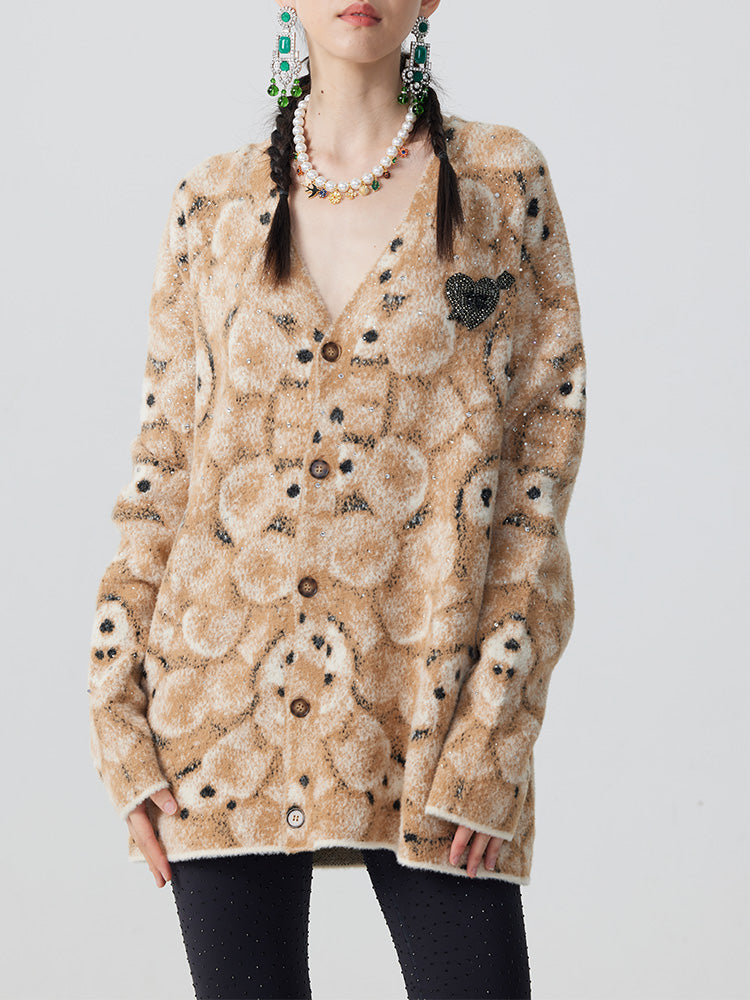 TCH Rhinestone Abstract Bear Fluffy Knit Cardigan