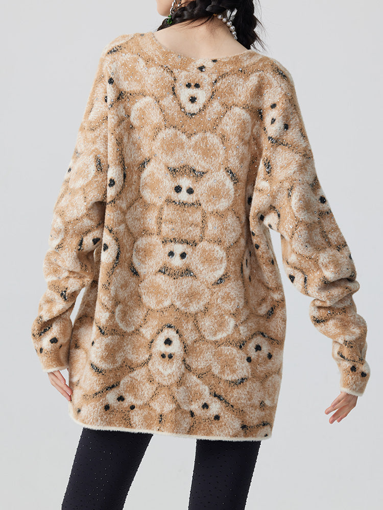 TCH Rhinestone Abstract Bear Fluffy Knit Cardigan