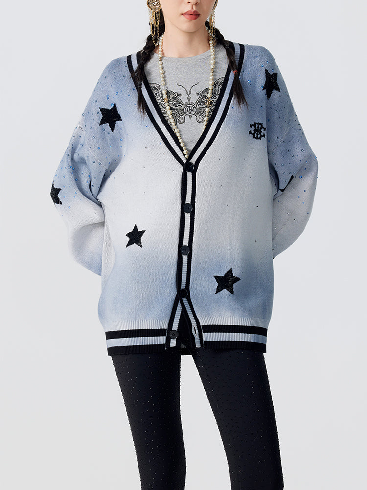 TCH Rhinestone Multi Dip Dye Stars Boyfriend Cardigan