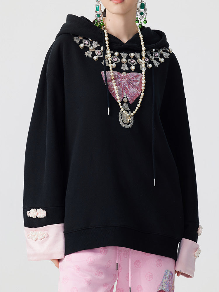 TCH Rhinestone Embroidered Bow Pearl Black Hoodies