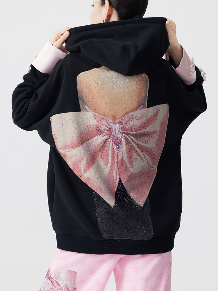 TCH Rhinestone Embroidered Bow Pearl Black Hoodies