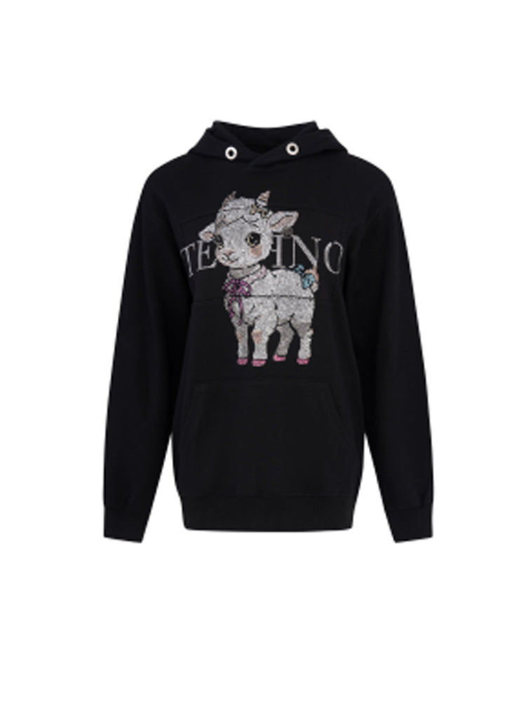 TCH Rhinestone Sheep Print Black Hoodie