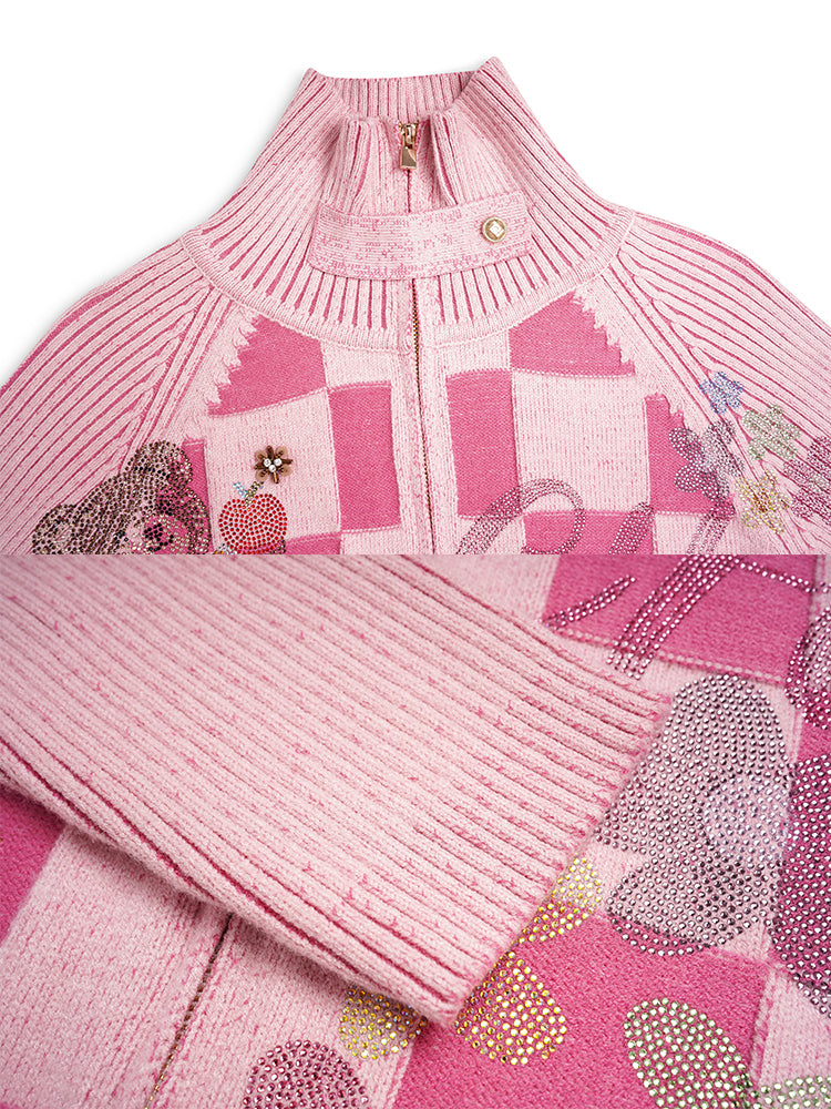 TCH Plaid Rhinestone Graphic Zip-Up Knit Cardigan