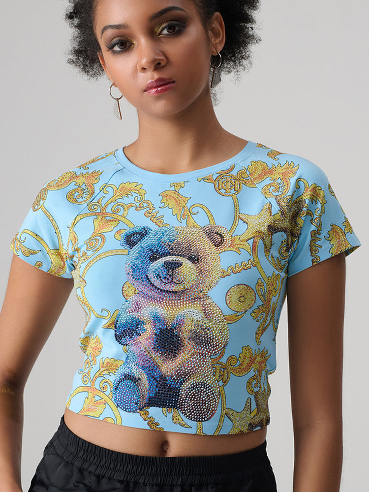 TCH Teddy Bear Rhinestones Print Tee Crop Top Baroque