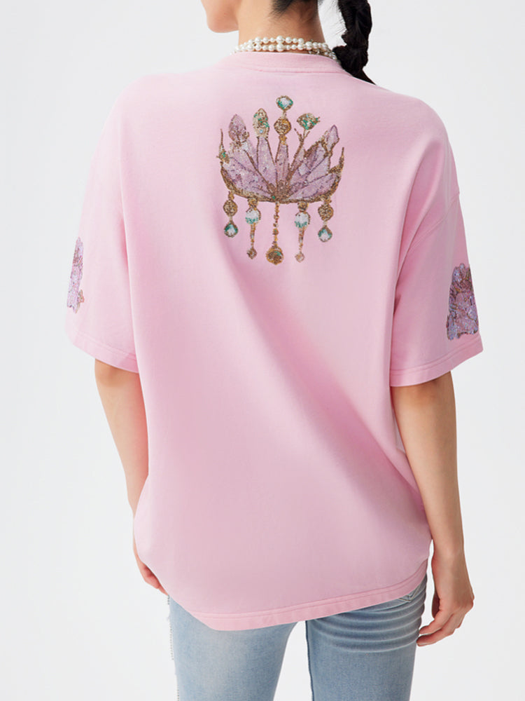 TCH Luxury Rhinestone Butterfly Shiny T-Shirt in Pink