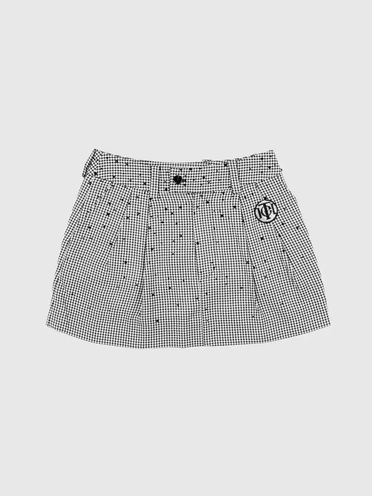 TCH Rhinestone Logo Tailored Check Pleated Mini Skirt