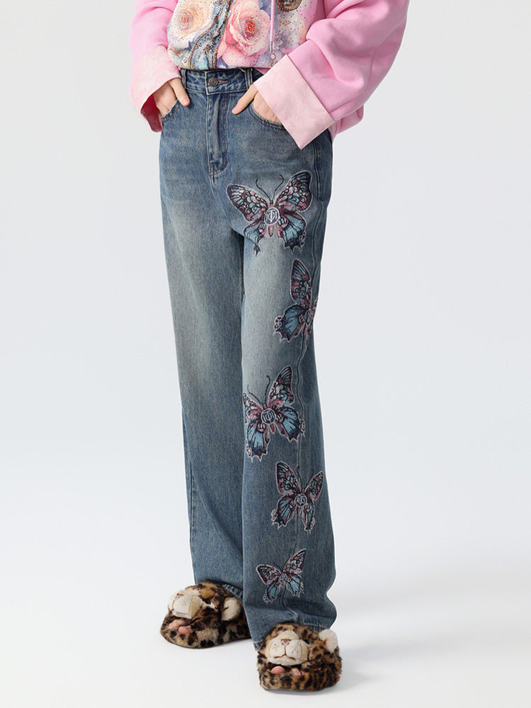 TCH Crystal Embroidered Butterfly Wide Leg Jeans