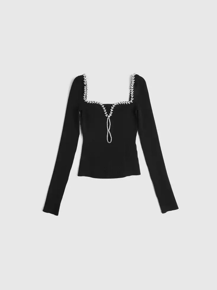 TCH Sweetheart Neck Rhinestone Knitted Sexy Top