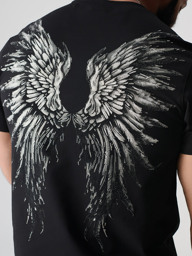 TCH Unisex Graphic Rhinestone Black Tee with Wings Design