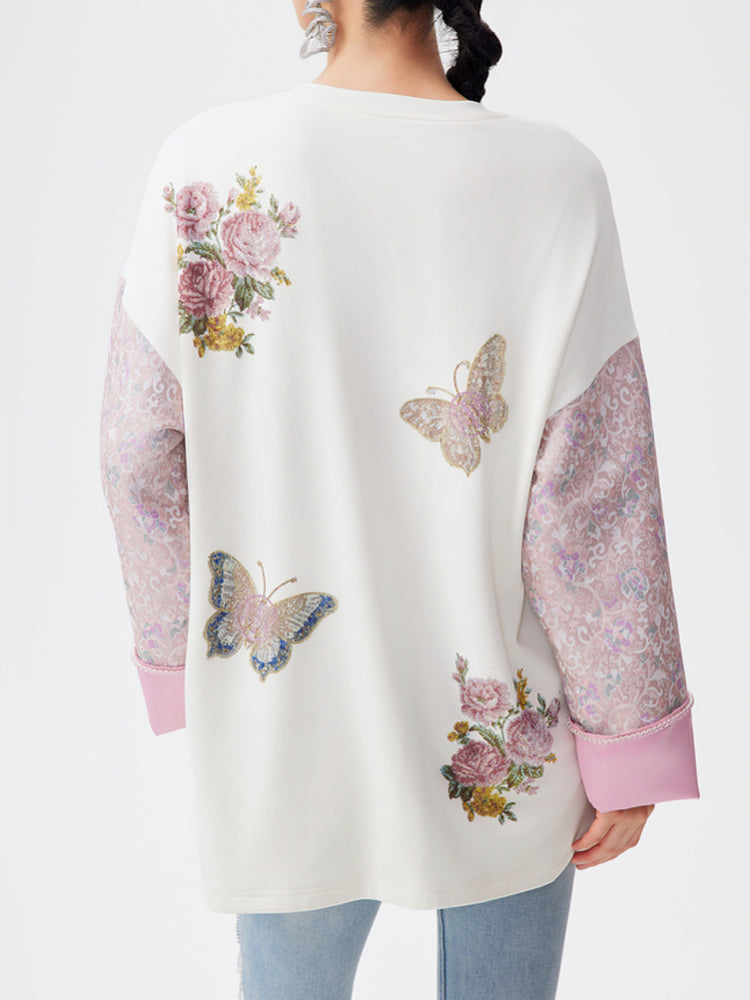 TCH Rhinestone Floral Embroidery Patchwork Satin Blouse