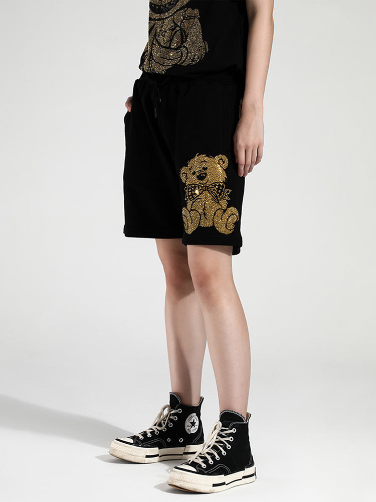 TCH Rhinestone Bow Bear Casual Drawstring Shorts