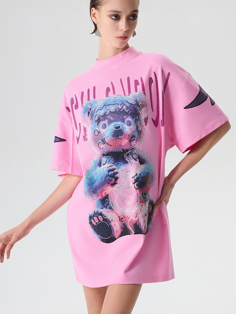 TCH Rhinestone Teddy Bear Oversized T-shirt with Wings Desgin