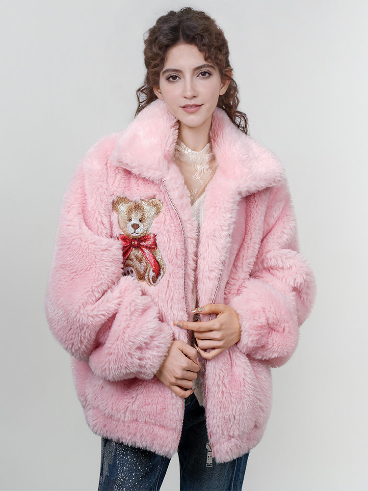 TCH Rhinestone Luxe Pink Faux Fur Teddy Jacket