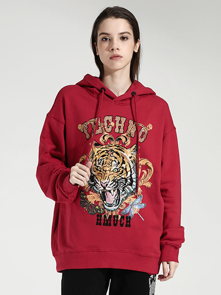 TCH Red Embroidered Rhinestone Tiger Head Hoodie