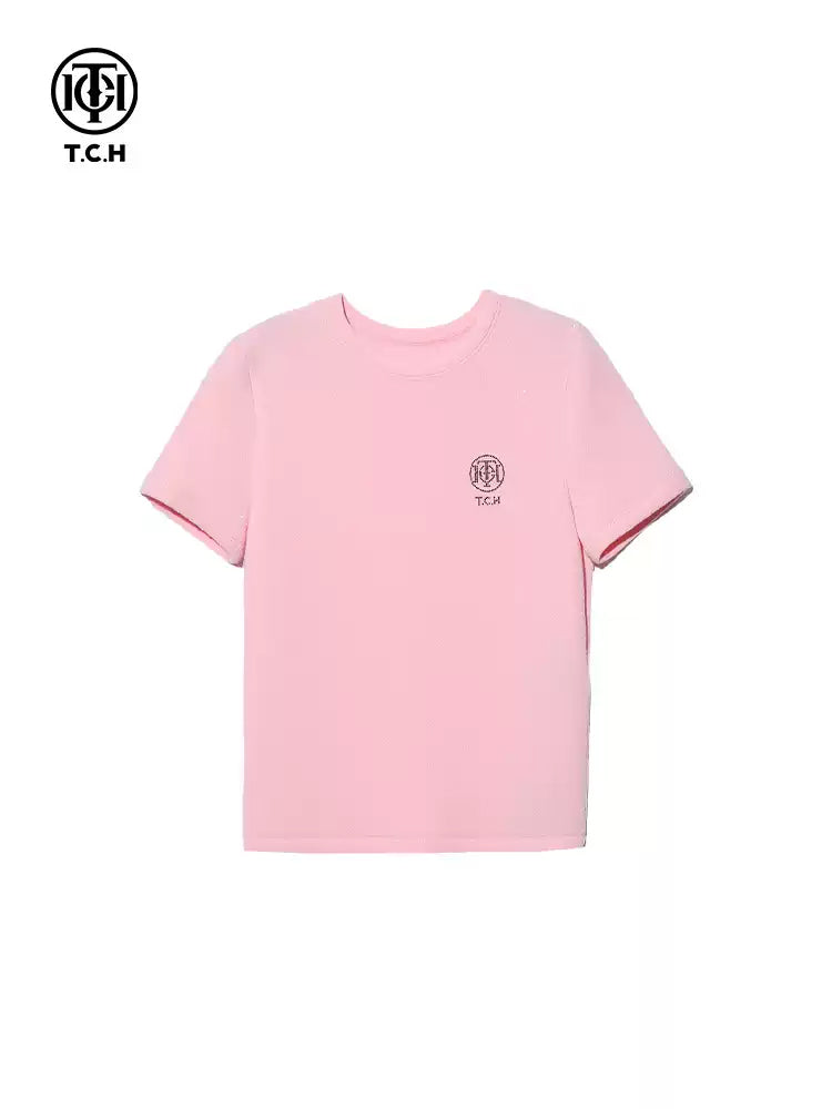 TCH Logo Print Rhinestone Slim T-Shirt with Pink