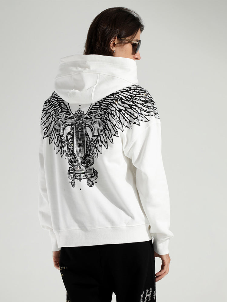 TCH Unisex White Hoodie with Rhinestone Wings Design