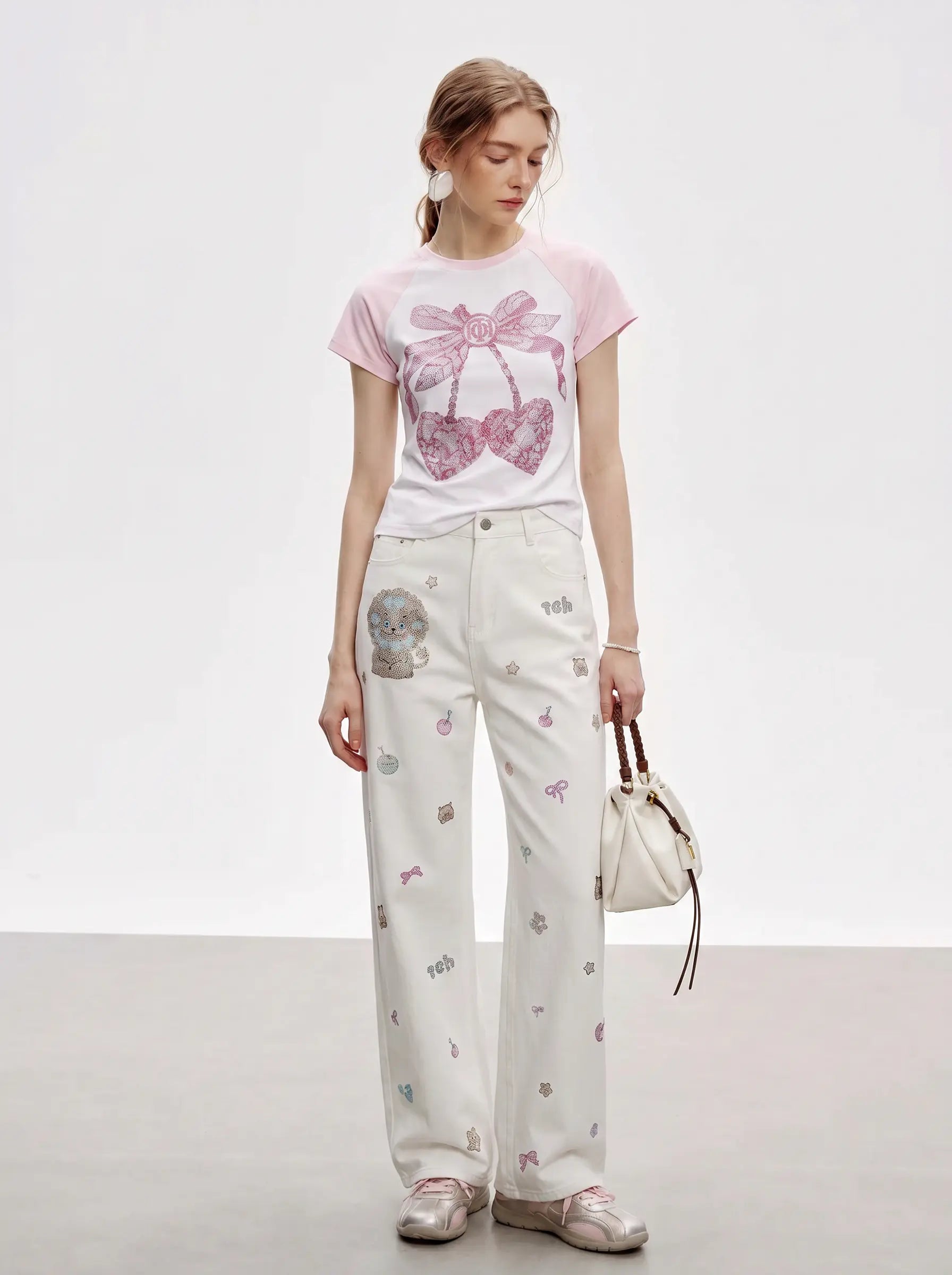TCH Pink Bow Rhinestone Graphic Raglan T-Shirt