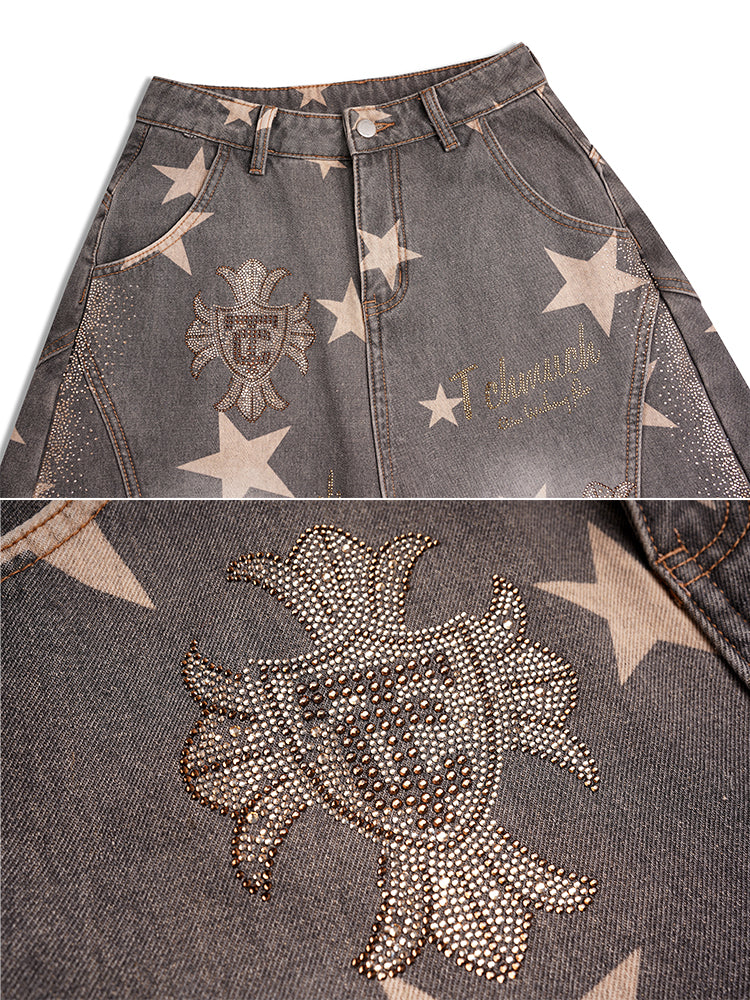 TCH Starfall Rhinestone Wide-Leg Denim Pants