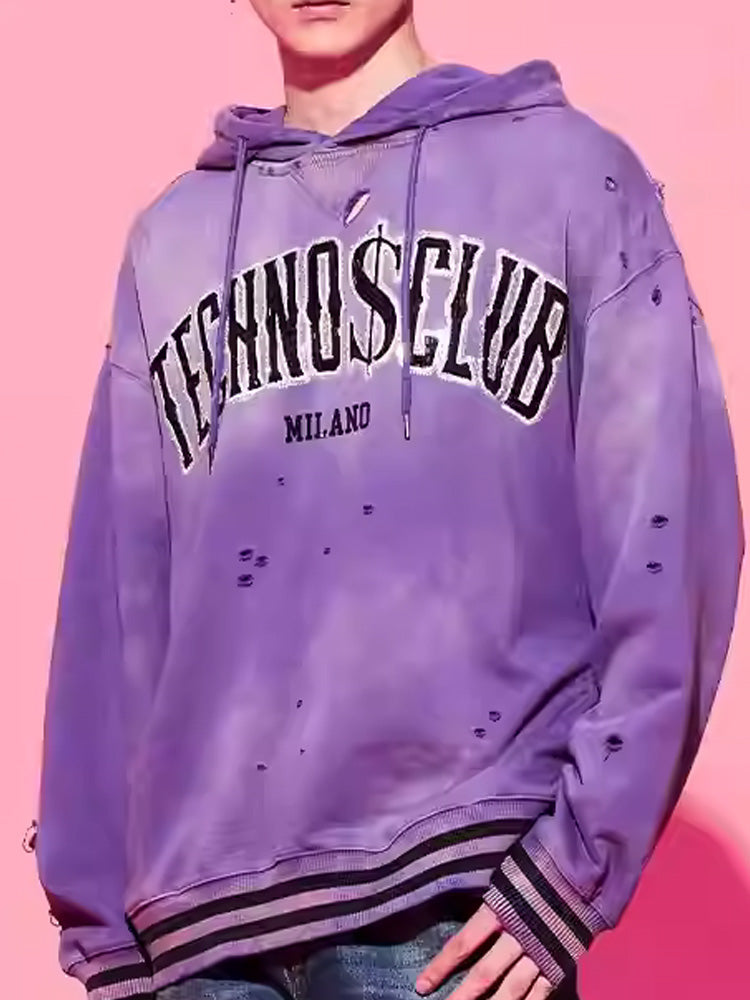 TCH Rhinestone Letter Print Destroyed Hoodie