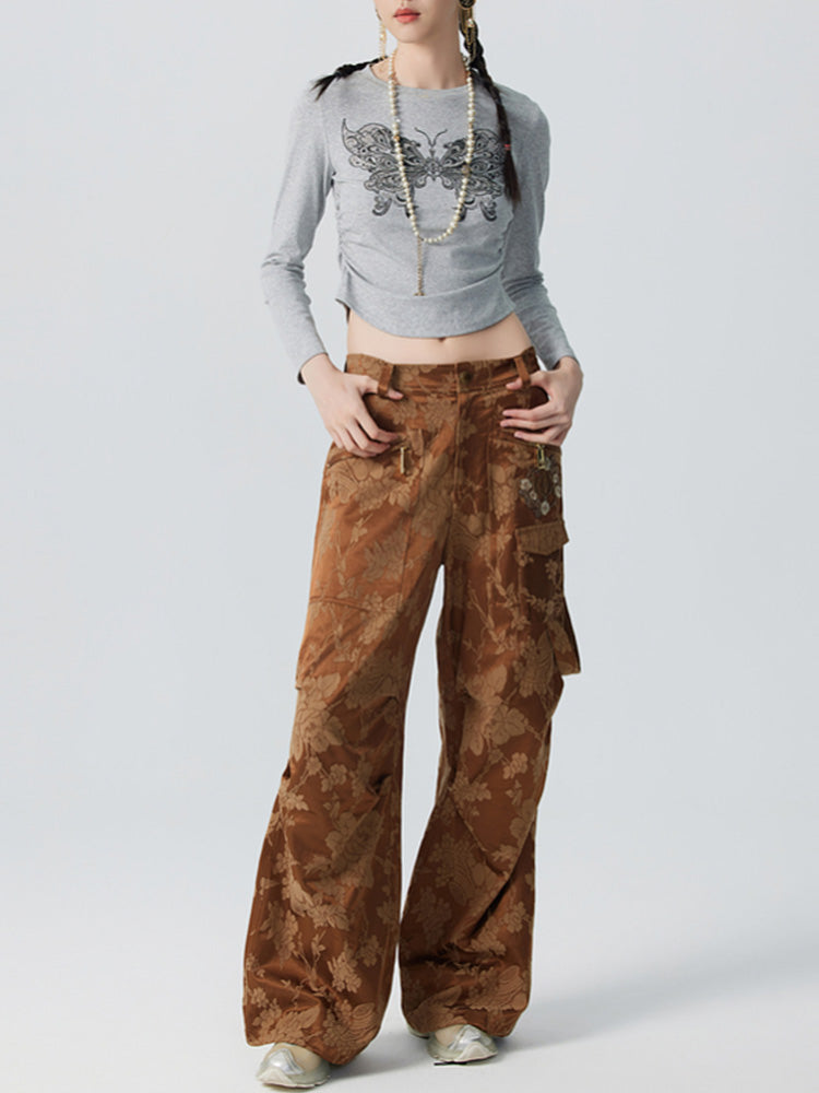 TCH Rhinestone Jacquard Straight Wide Leg Cargo Pants
