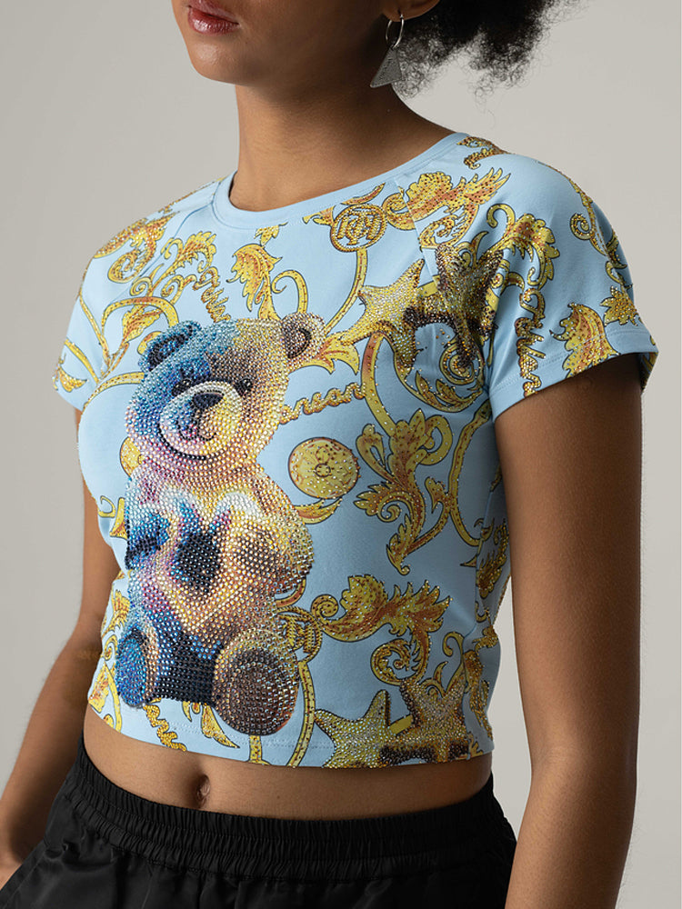 TCH Teddy Bear Rhinestones Print Tee Crop Top Baroque