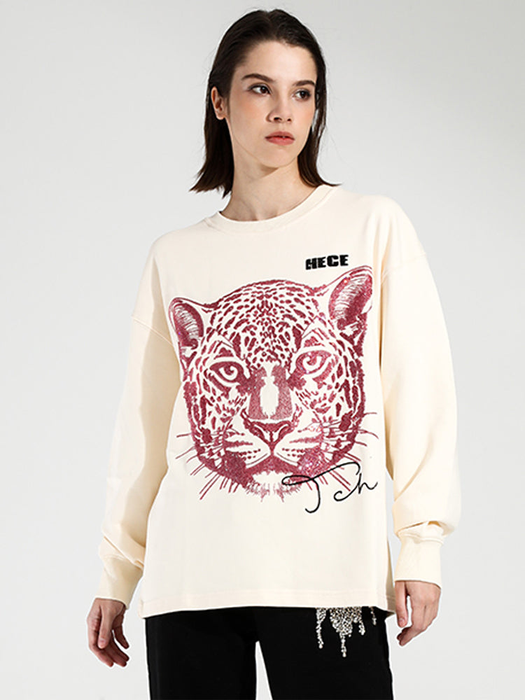 TCH Embroidered Leopard Head Rhinestone Crewneck Top