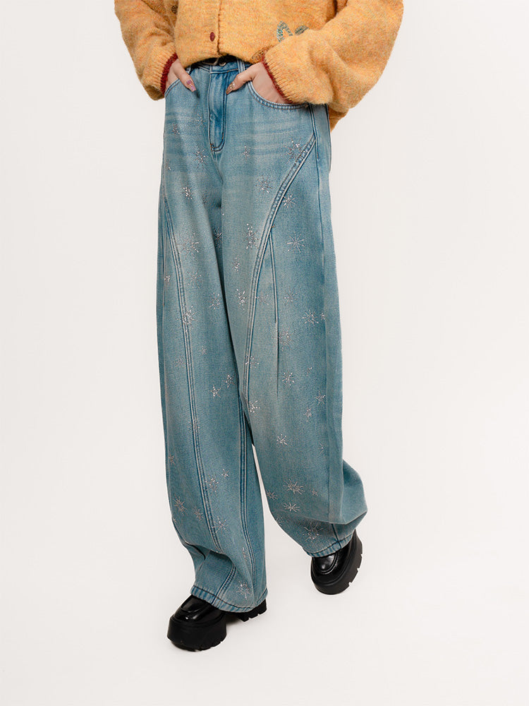 TCH Starry Rhinestone Wide-Leg Denim Pants