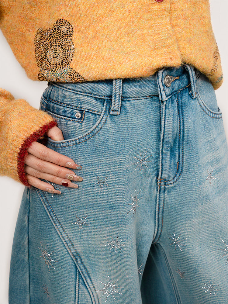 TCH Starry Rhinestone Wide-Leg Denim Pants