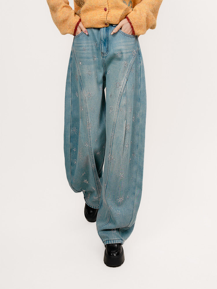 TCH Starry Rhinestone Wide-Leg Denim Pants